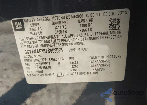 2015 Cadillac Srx z USA, uszkodzony, nr VIN 3GYFNAE35FS608595